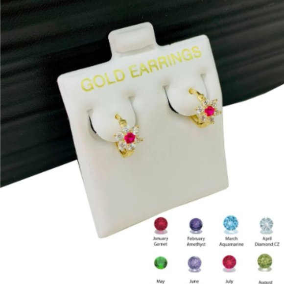 14K Yellow Gold Flowers Huggies Hoop Earrings Birthstones 11x13mm for Baby Girls - Picture 12 of 16